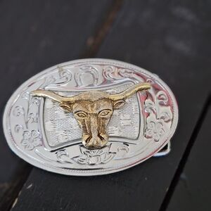 Silver and Gold Bull Skull Kids Belt Buckle Engraved Floral Horseshoe
